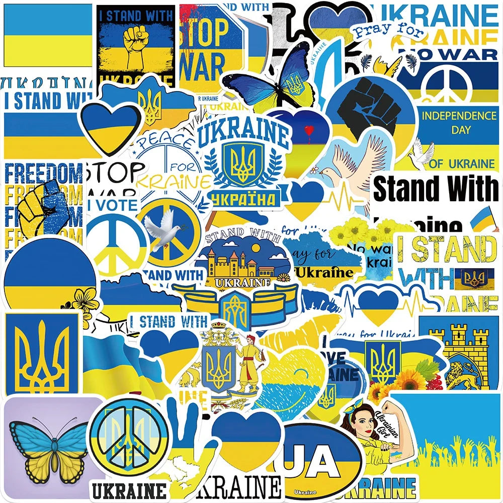 Ukraine Flag Stickers Pack featuring colorful designs for laptops and bottles, exclusive limited-time offer to show Ukrainian pride.