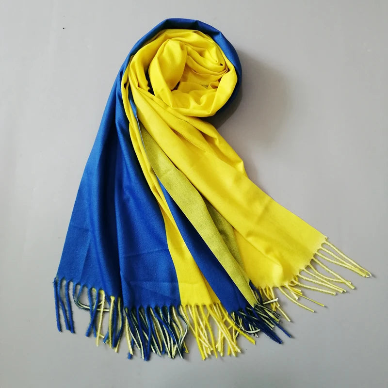 Designer Ukraine Flag Cashmere Shawl in blue and yellow with tassels, luxury winter wrap for women, 195cm by 70cm.