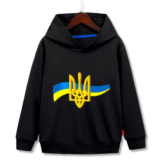 Trendy Ukrainian Tryzub Kids Hoodie in black with Ukrainian symbol, lightweight cotton for comfort and style, perfect fit for all ages.