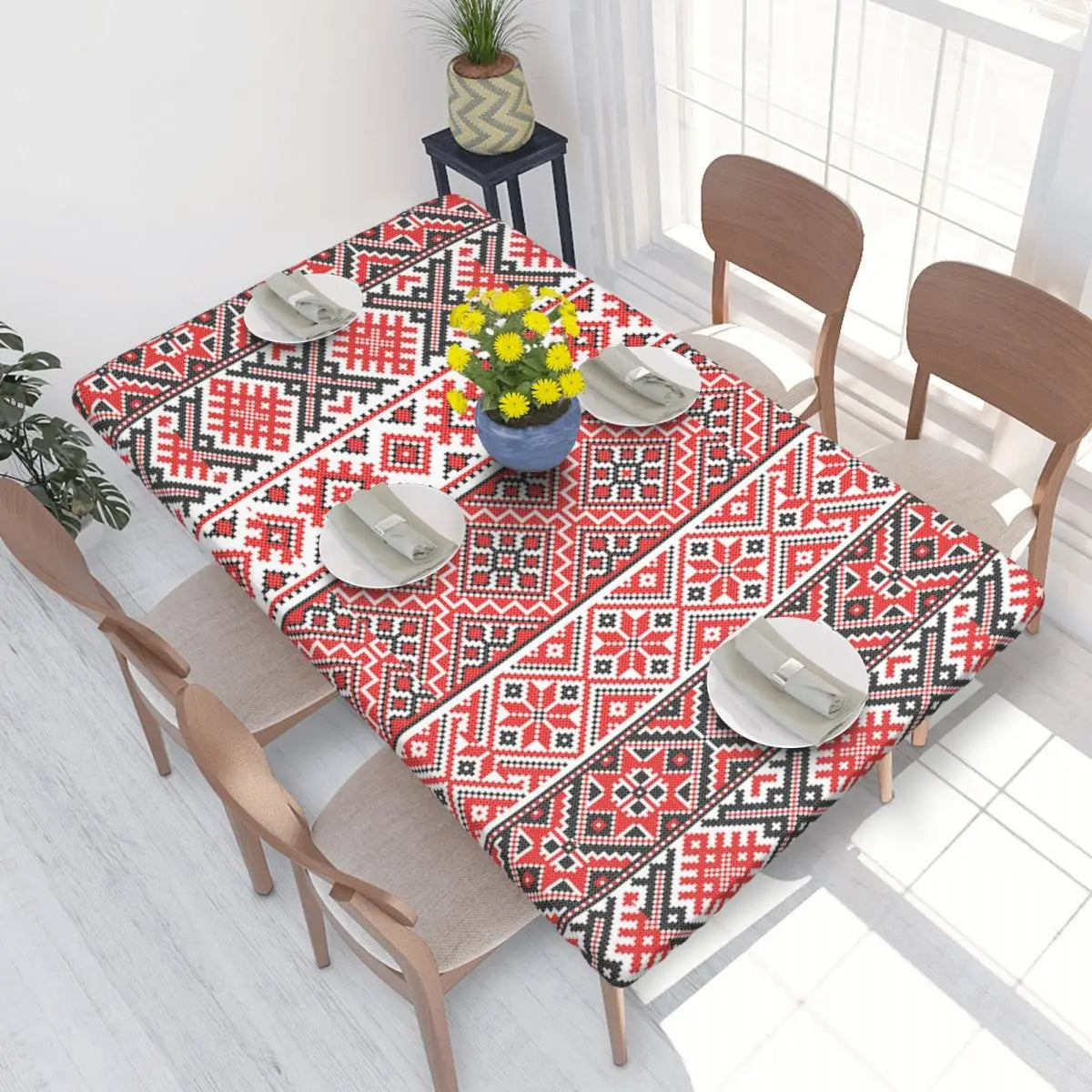 Vibrant dining setup with an Authentic Ukrainian Embroidery Table Cover featuring intricate patterns and colorful design.