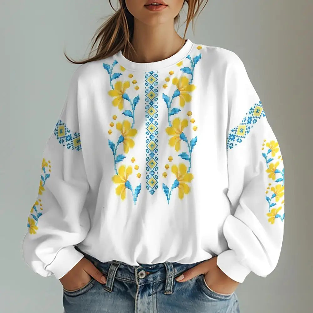 Ukrainian traditional vishivanka style sweatshirt with yellow ornament, oversized fit, women's fashion, high-quality polyester.