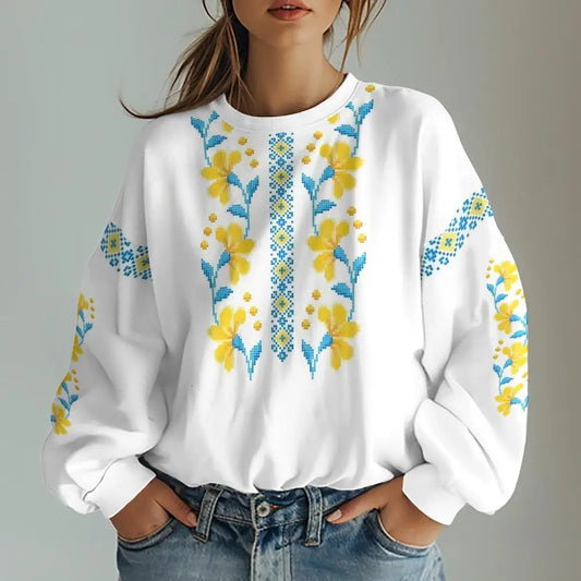 Ukrainian traditional vishivanka style sweatshirt with yellow ornament, oversized fit, women's fashion, high-quality polyester.