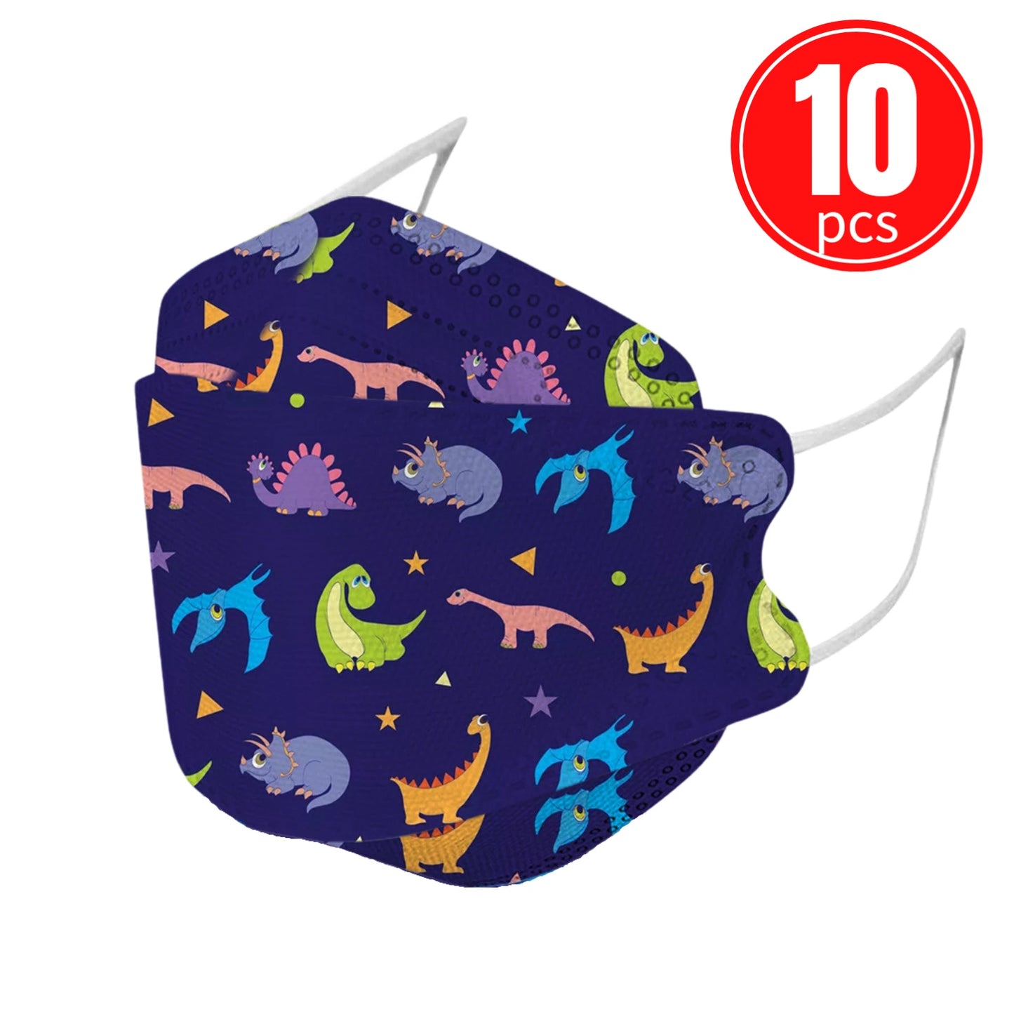 Kids KN95 mask with fun dinosaur print, pack of 10, blue background.