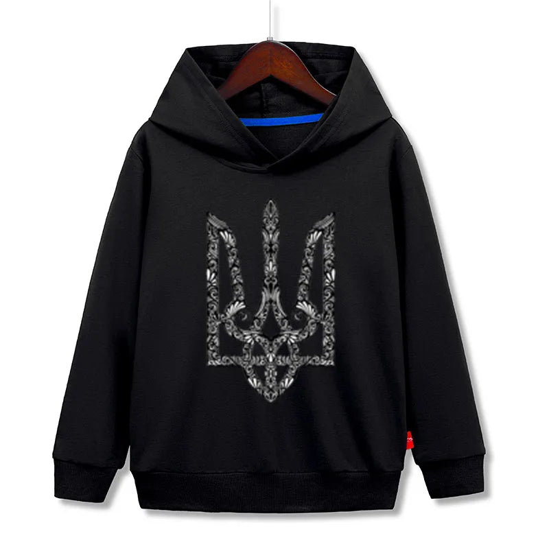 Black kids hoodie with cool Ukrainian Tryzub design, featuring premium quality materials, exclusive limited time offer.