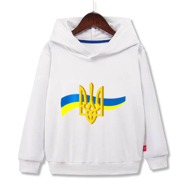 White kids hoodie featuring Ukrainian Tryzub symbol with blue and yellow accents, trendy and lightweight for stylish comfort.