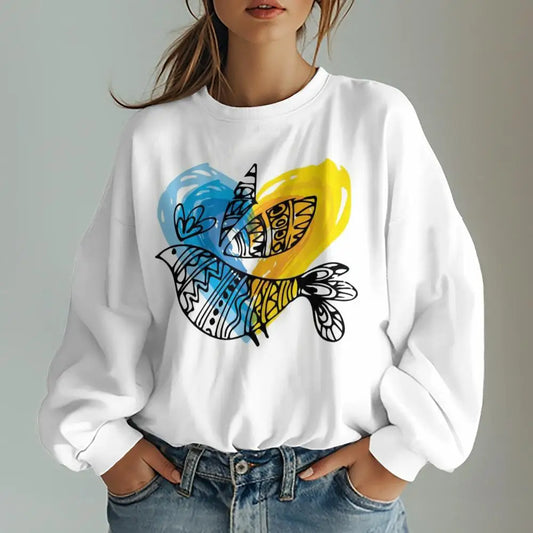 Ukrainian Traditional Women's Sweatshirt with bird design in blue and yellow, made of durable polyester and elastane material.