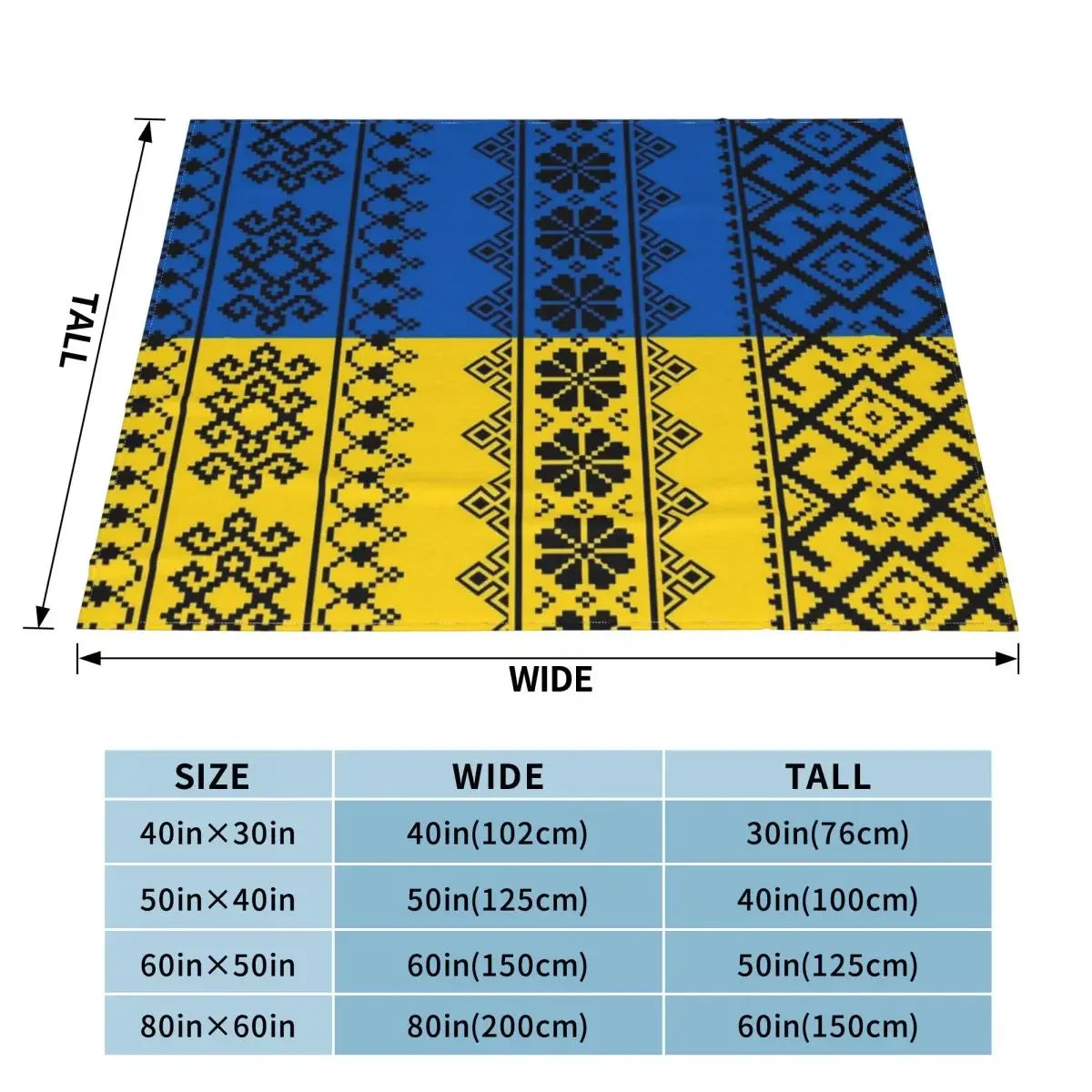 Size chart for multi-function Ukrainian Vyshyvanka flannel blanket in yellow and blue with embroidered ethnic patterns.