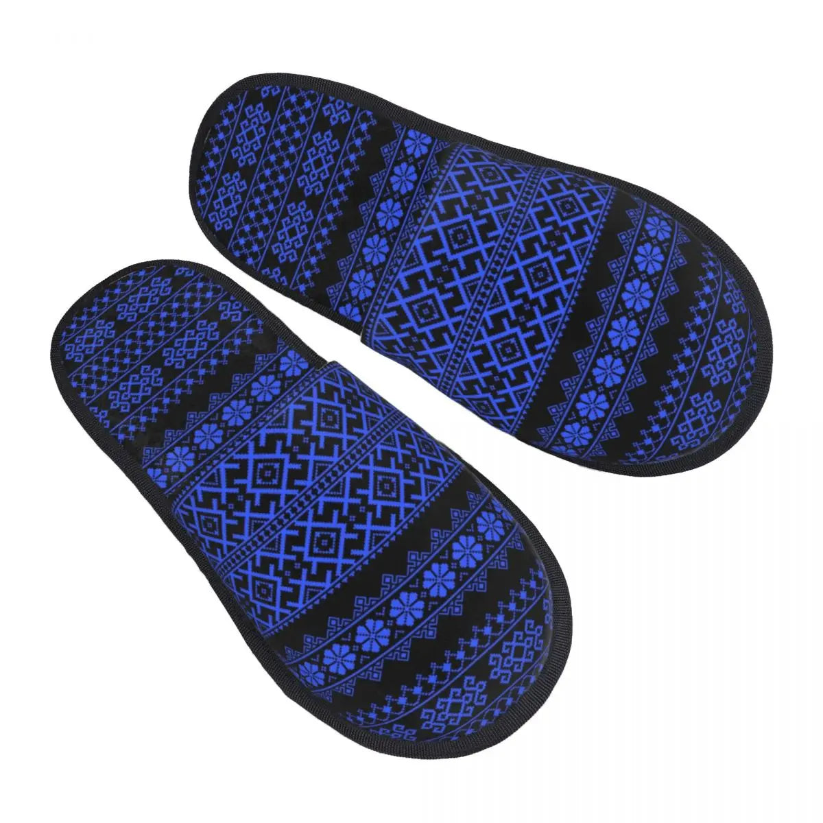 Blue and black Ukrainian embroidery ornament slippers with intricate patterns, designed for comfort and indoor-outdoor use.