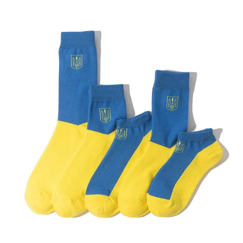 Ukrainian flag socks in vibrant blue and yellow, showcasing patriotic design for true Ukrainians.