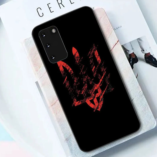 Black Samsung phone case with red Ukrainian Tryzub design on a soft TPU material.