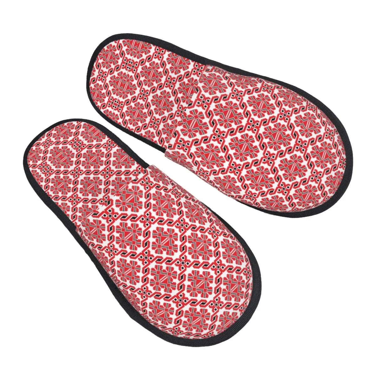 Red Ukrainian embroidery ornament slippers with black edges, featuring intricate patterns for stylish comfort and non-slip safety.