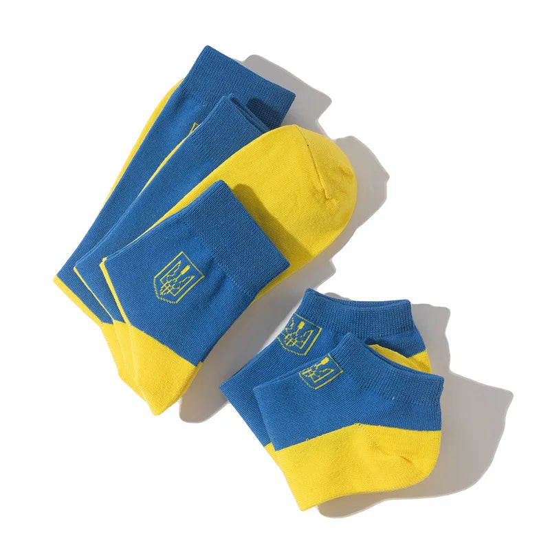 Ukrainian flag socks in blue and yellow showcasing national pride and comfort.