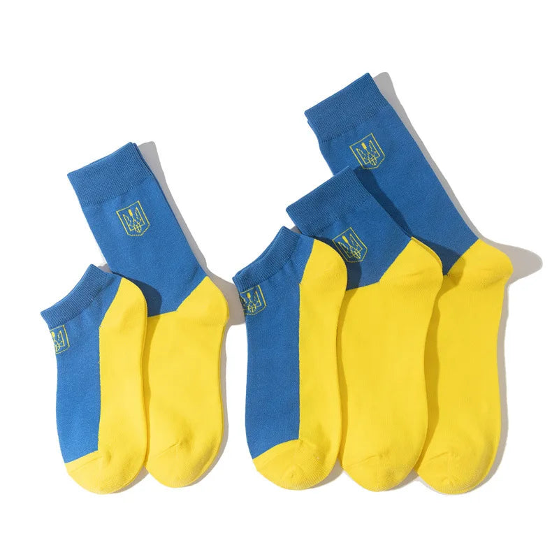 Ukrain Flag Socks in blue and yellow, showcasing patriotism and style with vibrant colors and national emblem.