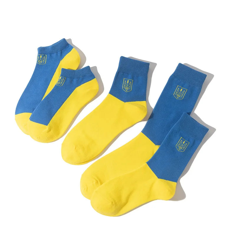 Ukrainian flag socks with blue and yellow design representing national pride and patriotism