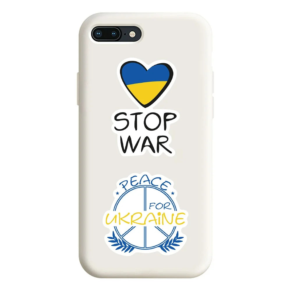 Phone case with Ukraine flag heart and peace stickers, promoting support and pride.