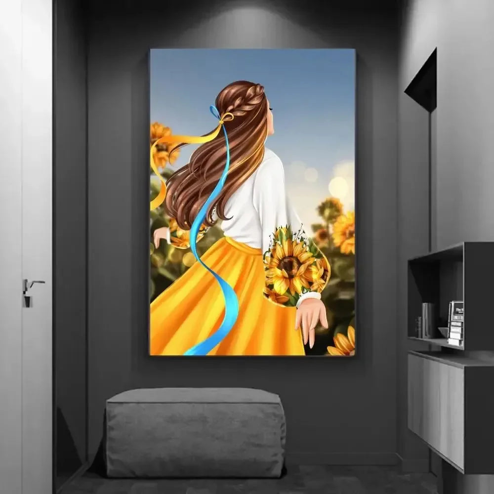 Sunflowers Ukrainian Girl Canvas Poster, vibrant and high-definition, perfect for living room or bedroom decor.