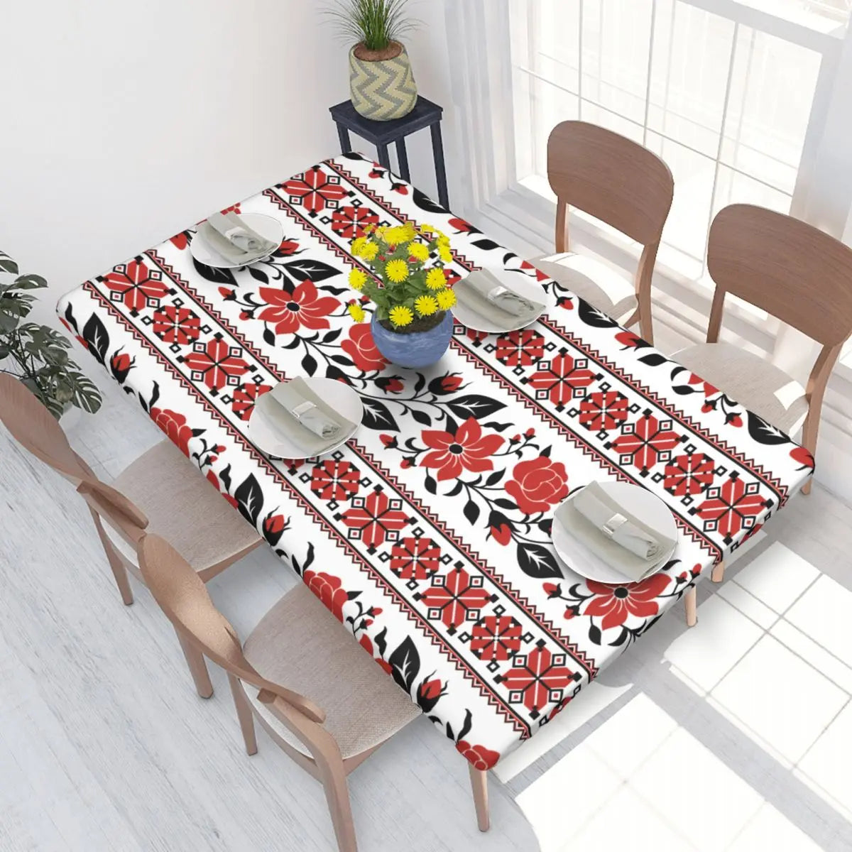 Authentic Ukrainian embroidery table cover with vibrant floral design enhancing dining table decor.