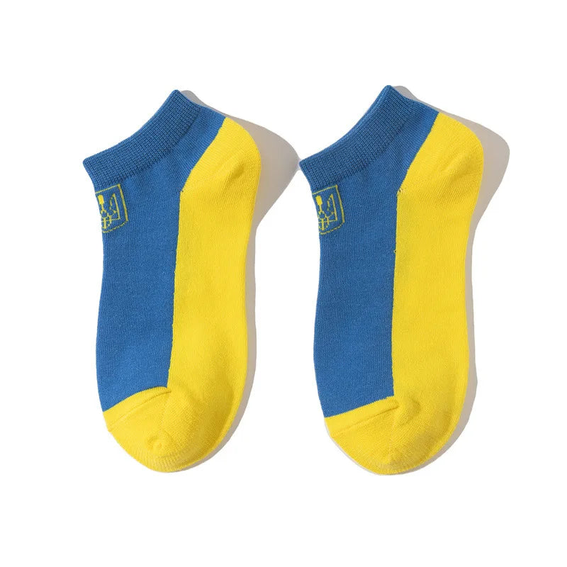 Blue and yellow Ukrainian flag socks showcasing national pride and comfort.