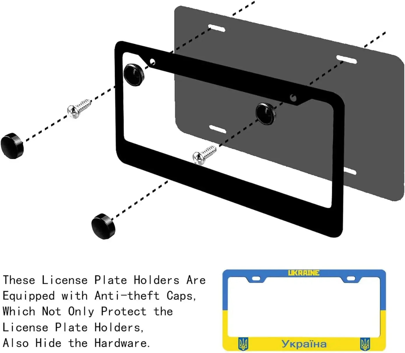 Ukraine license plate frame with anti-theft caps, blue and yellow aluminum design, rust-resistant 12x6 inch frame.