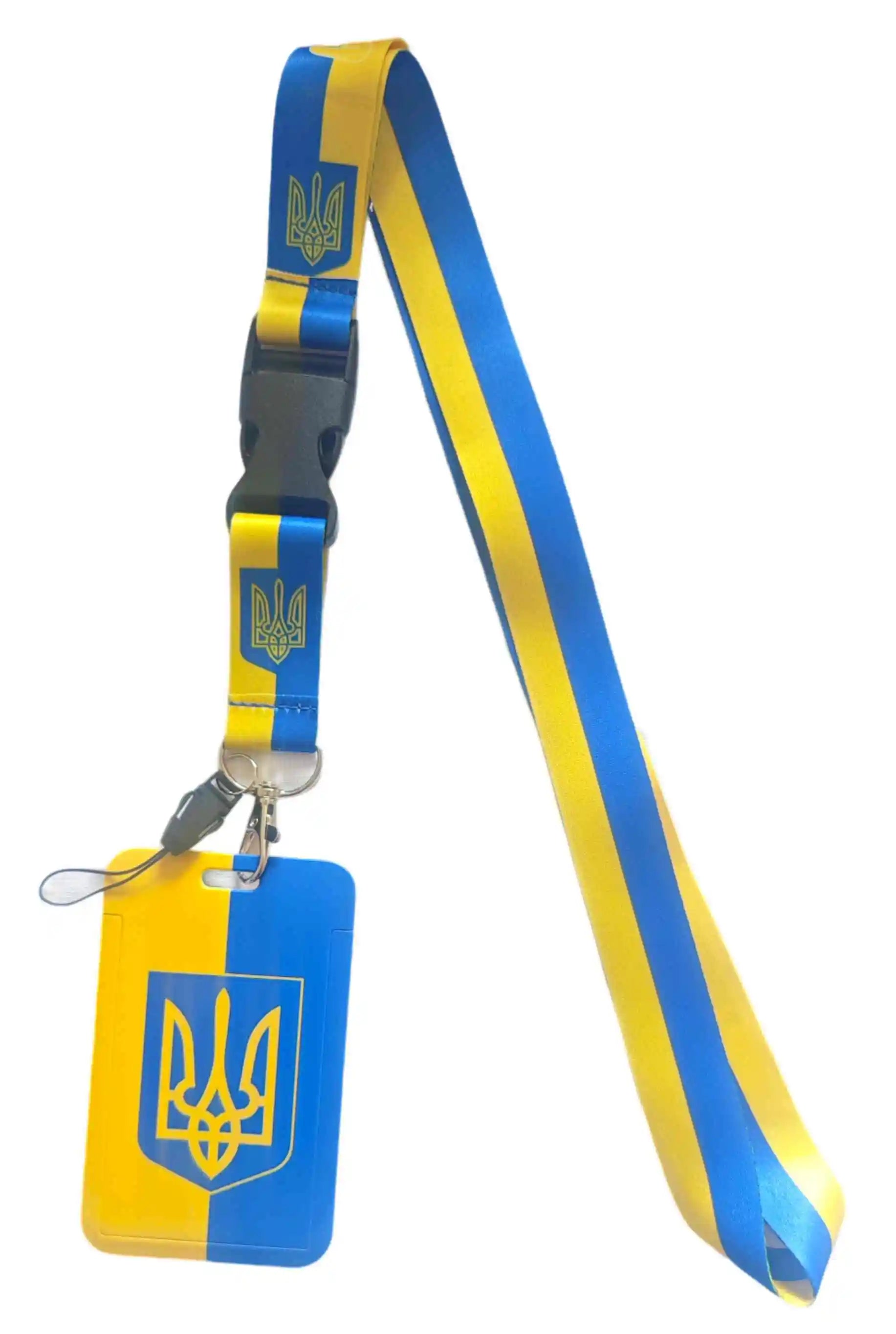 Ukraine cellphone card holder lanyard with detachable buckle in blue and yellow design, includes card sleeve for secure access.