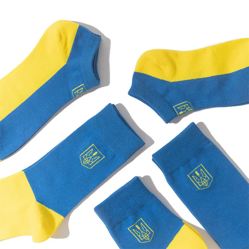 Blue and yellow Ukrainian flag socks showcasing national pride and style.