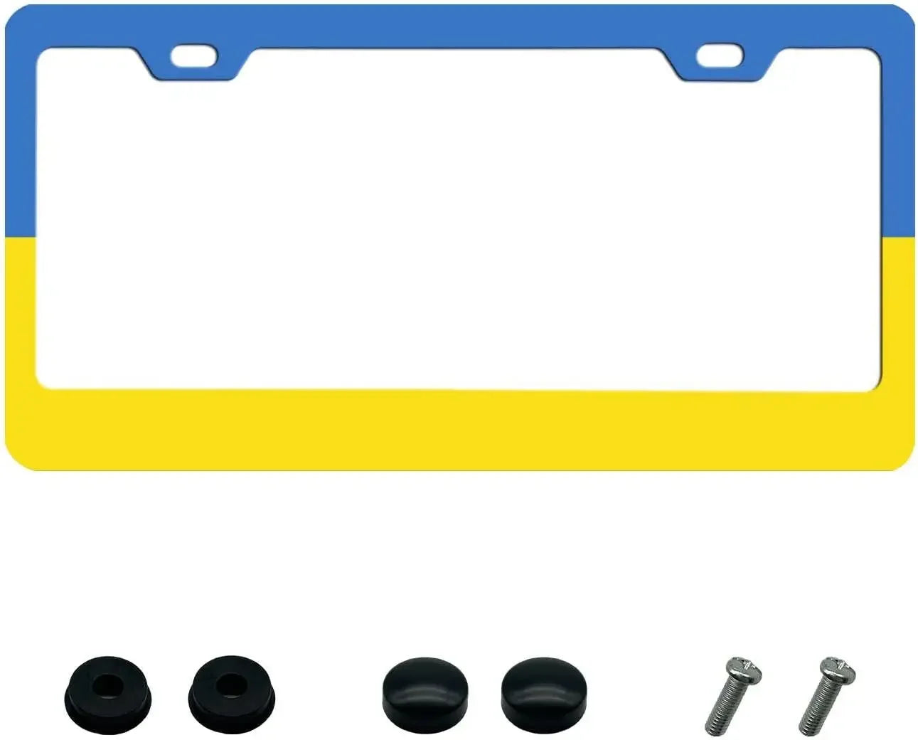 Ukraine license plate frame in blue and yellow with hardware, aluminum 12x6 inch, durable and rust-resistant design.