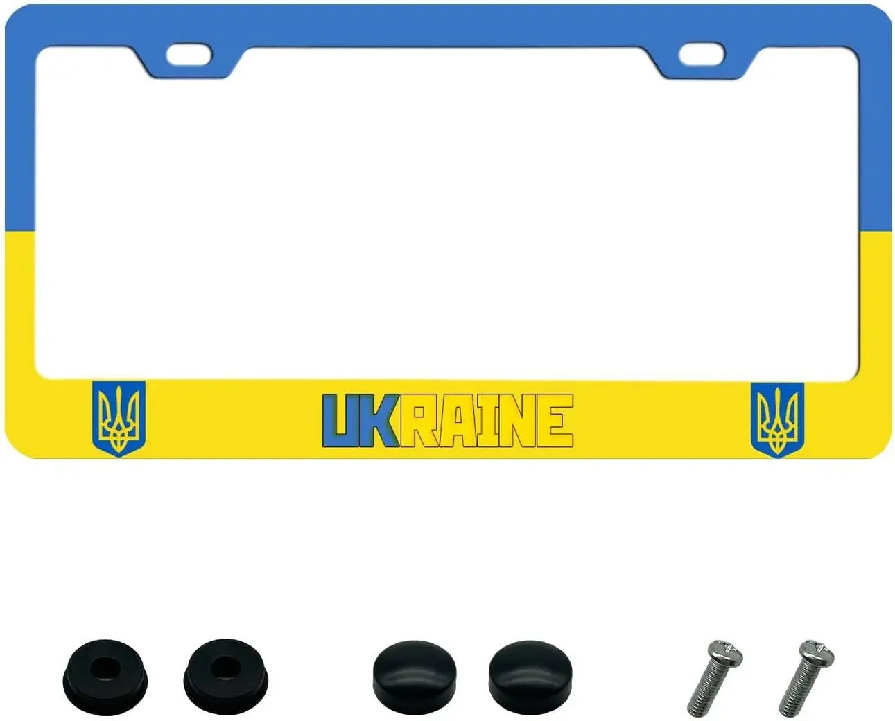 Blue yellow Ukraine license plate frame with screws and covers, 12x6 inch, tarnish-resistant aluminum for standard plates.