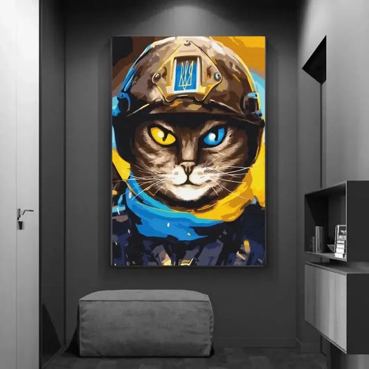 HD Ukrainian Cat Warrior Canvas Print in modern interior setting