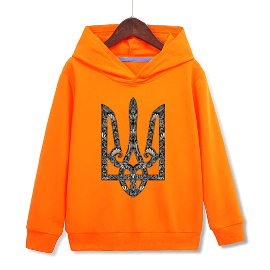 Bright orange kids hoodie with Ukrainian Tryzub design, premium quality, exclusive limited time offer, perfect fit for children.