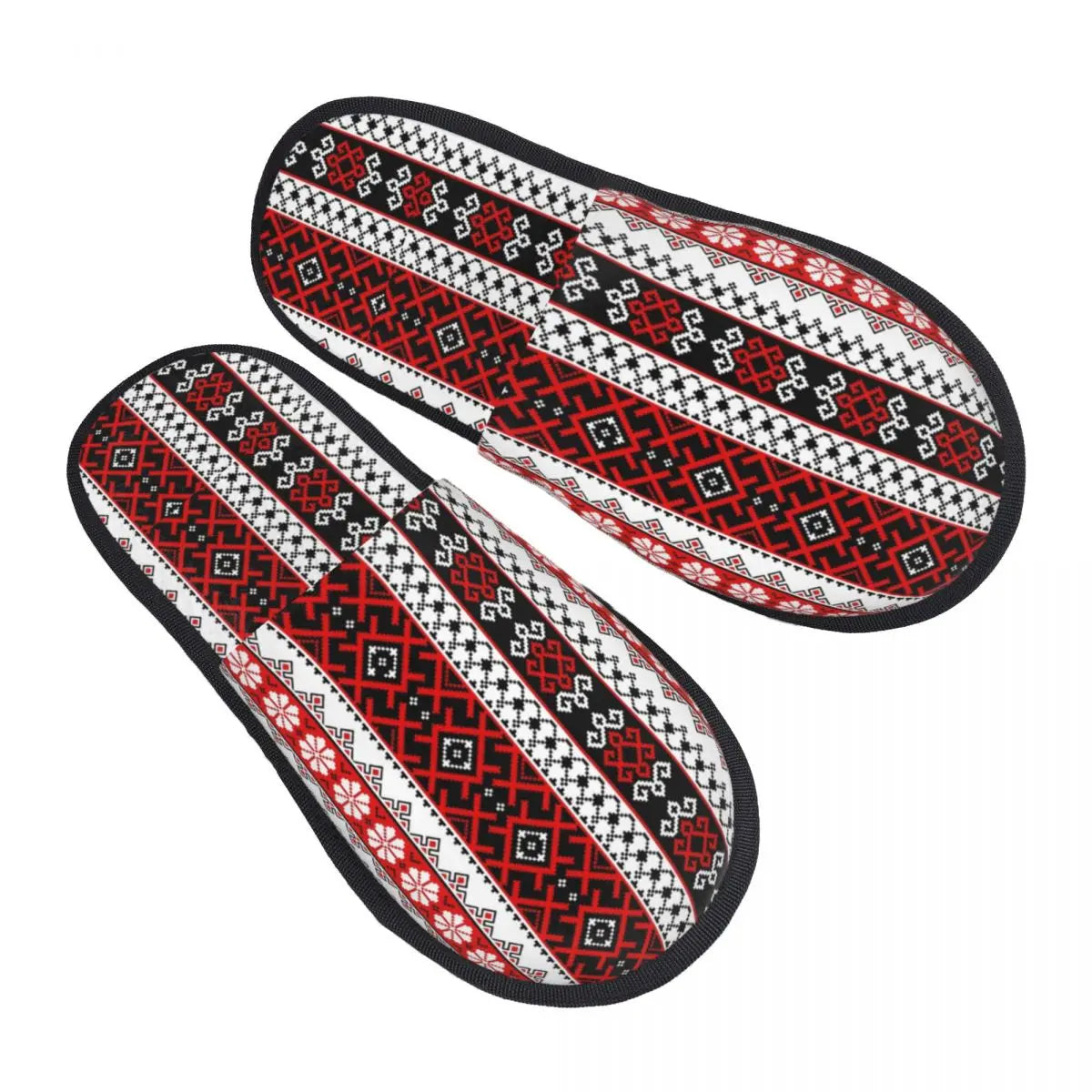 Ukrainian embroidery ornament slippers with red, black, and white intricate design, showcasing non-slip soles for comfort and style.