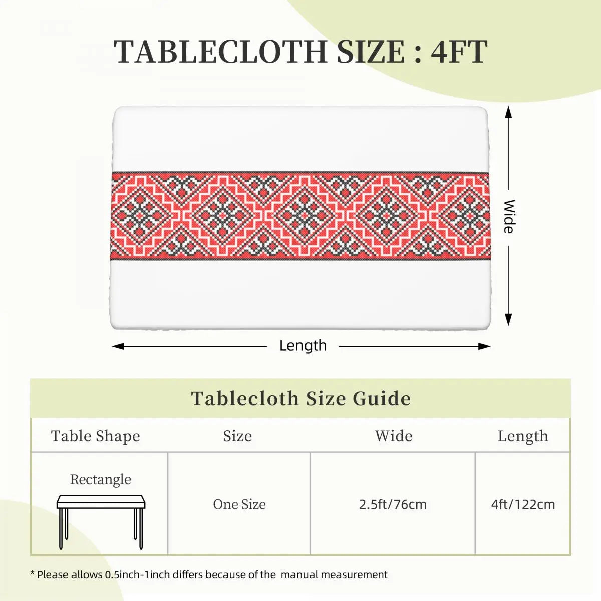 Ukrainian embroidery tablecloth, rectangle, 4ft size guide, featuring traditional patterns in red and white.