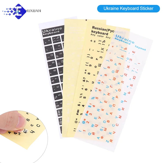 Ukrainian keyboard stickers in PVC material, easy to apply for language conversion without residue, featuring various layouts.