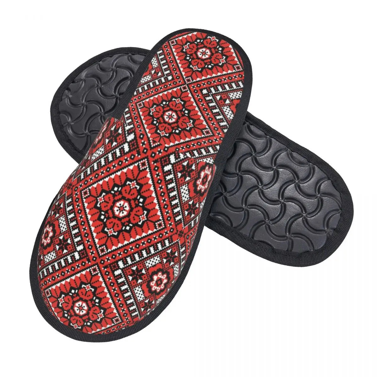 Ukrainian embroidery ornament slippers with intricate red design and non-slip black sole.