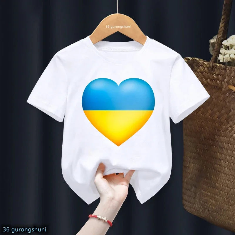 Patriotic kids T-shirt featuring Ukraine flag and Tryzub