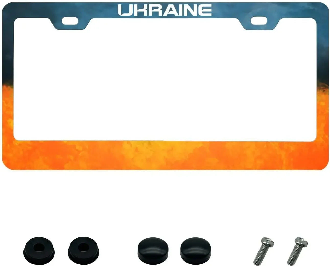 Ukraine license plate frame in blue and yellow aluminum with mounting hardware, 12x6 inch, showcasing national pride.