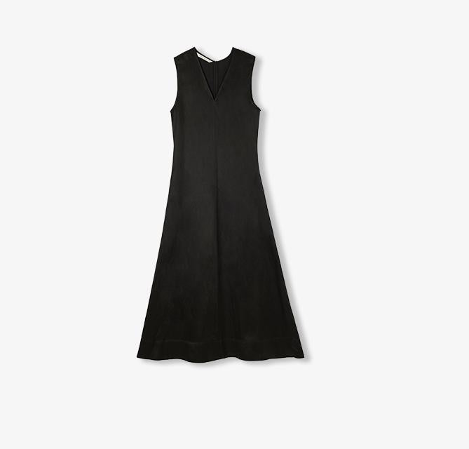 Aurevae Cupro-Linen A-Line Dress with V-neck and sleeveless design, crafted from breathable fabric with a textured weave for lightness and comfort.