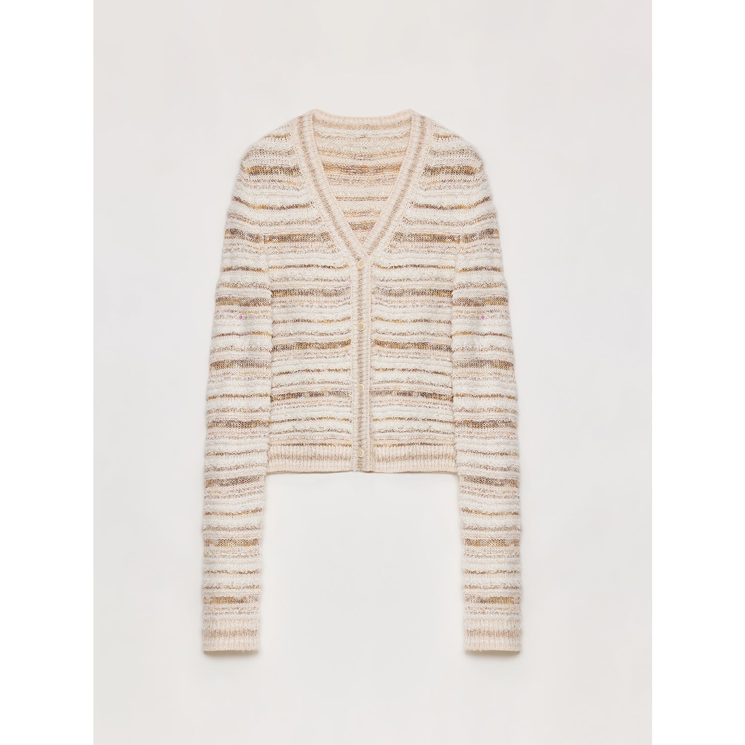 Thalurea Stripeweave Vest with textured stripes and V-neck design, blending floral yarns and luminous threads for a spring-inspired look.