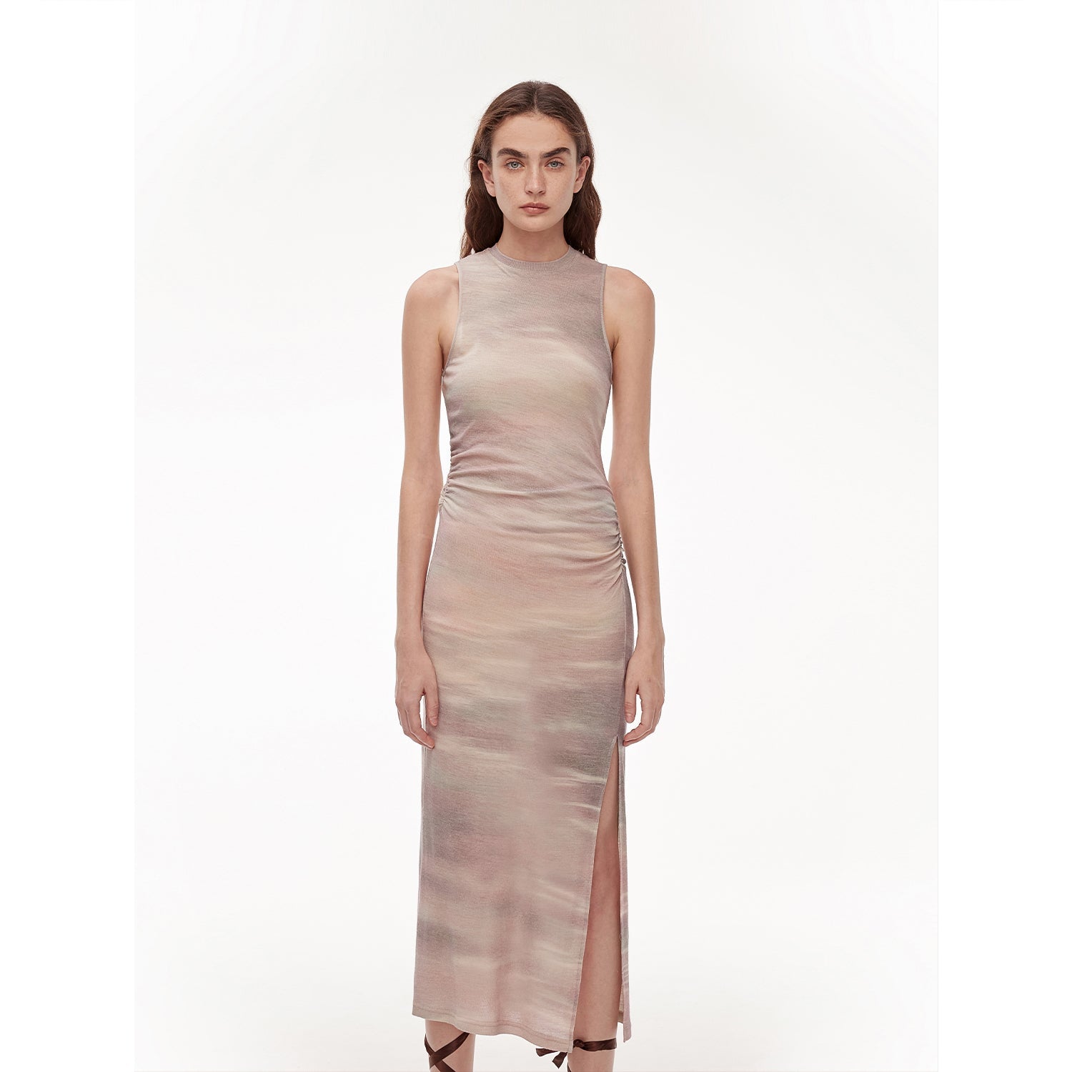 Talyra Wool-Blend Knit Maxi Dress in sleeveless column silhouette with side slit, displaying subtle pleats in light shade.