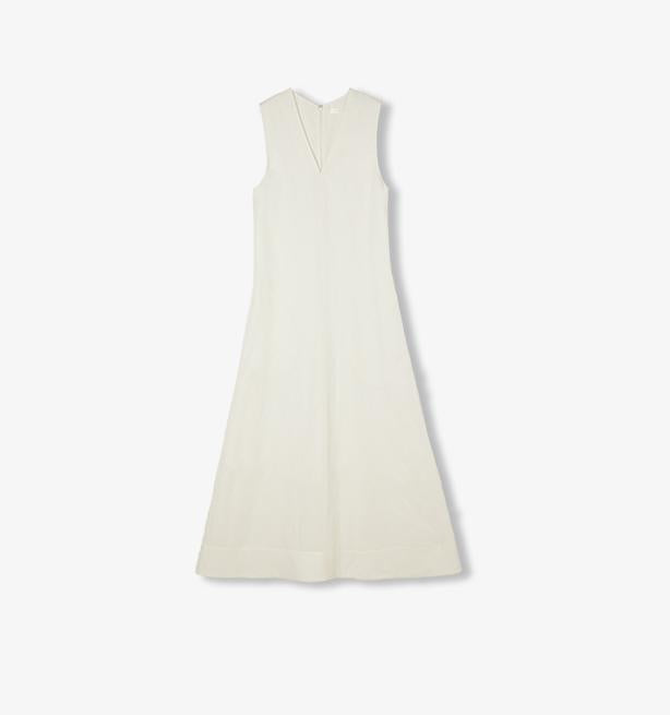 Aurevae Cupro-Linen A-Line Dress with V-neck and sleeveless bodice, showcasing a lightweight, textured weave and mid-calf length.