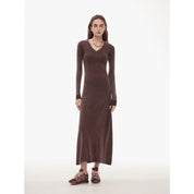 Selvara Distressed V-Neck Dress in brown with slim, contrast-tipped cuffs, showcasing a vintage look with raw-cut neckline.