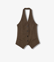 Solianne brown Tencel-linen halter vest with V neckline and sculpted shoulders, crafted by boutique atelier for refined elegance.