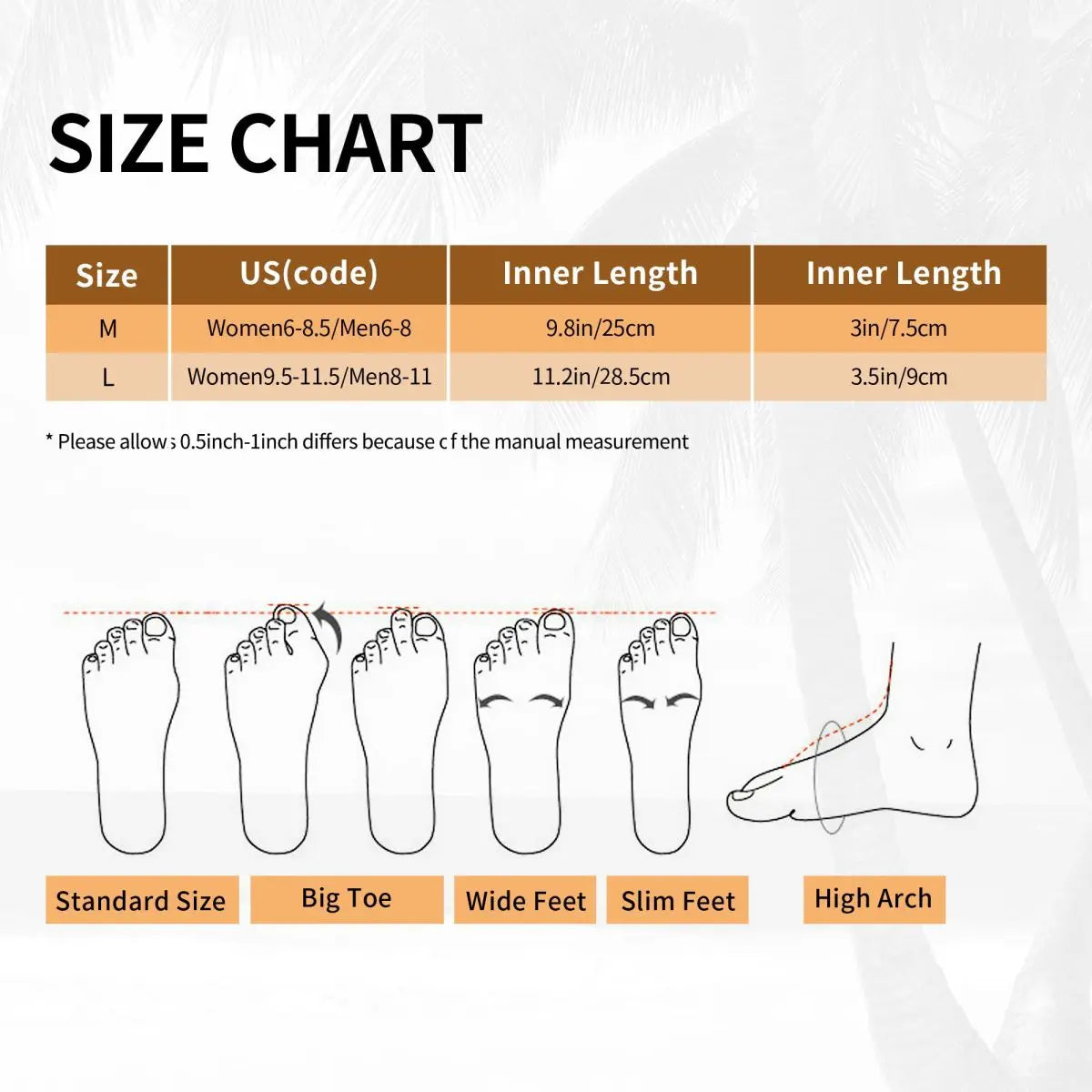 Size chart for Ukrainian Embroidery Ornament Slippers with foot illustrations for various foot shapes and size measurements.