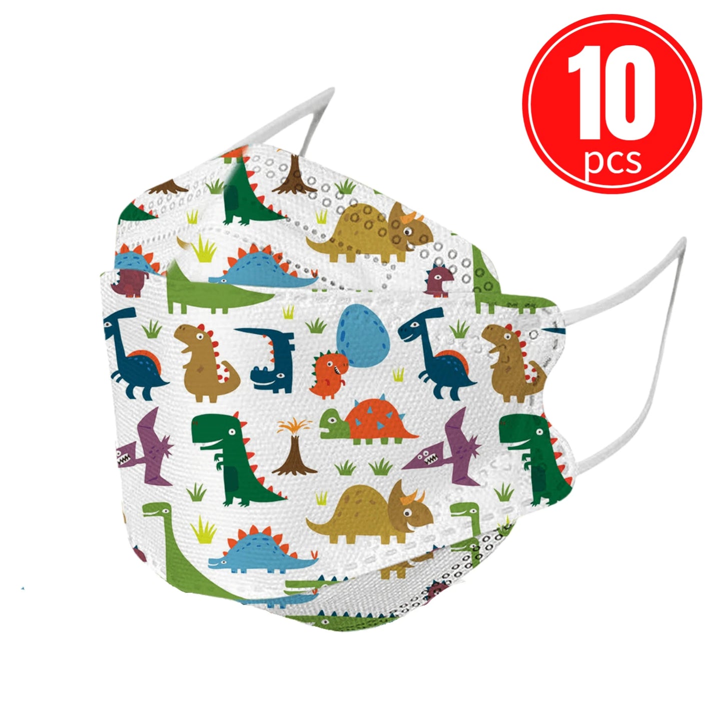 Kids KN95 mask with colorful dinosaur prints, pack of 10