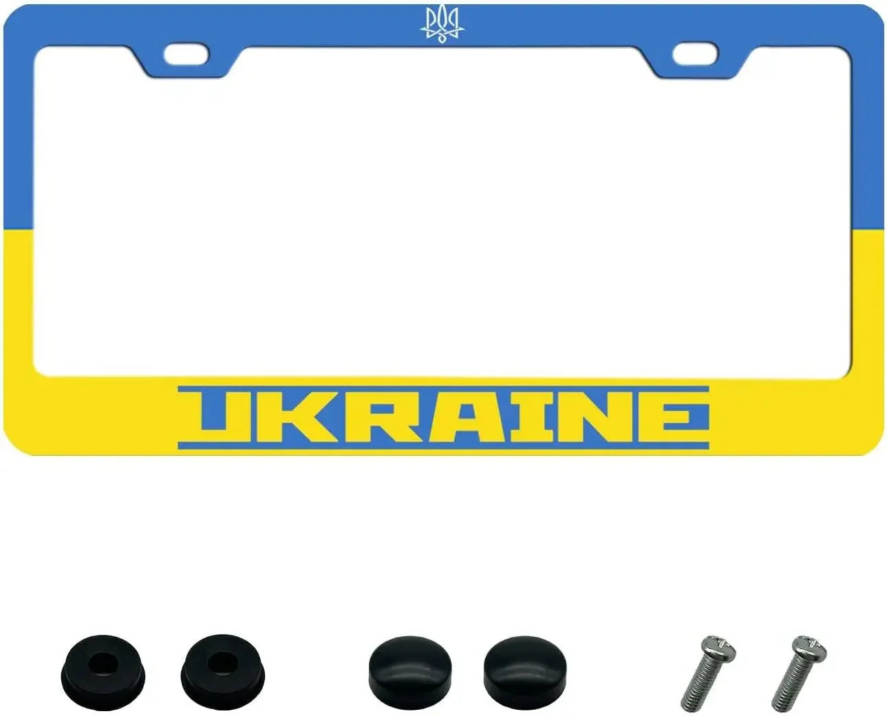 Ukraine license plate frame in blue and yellow aluminum with screws and caps, 12x6 inches, durable and rust-resistant.