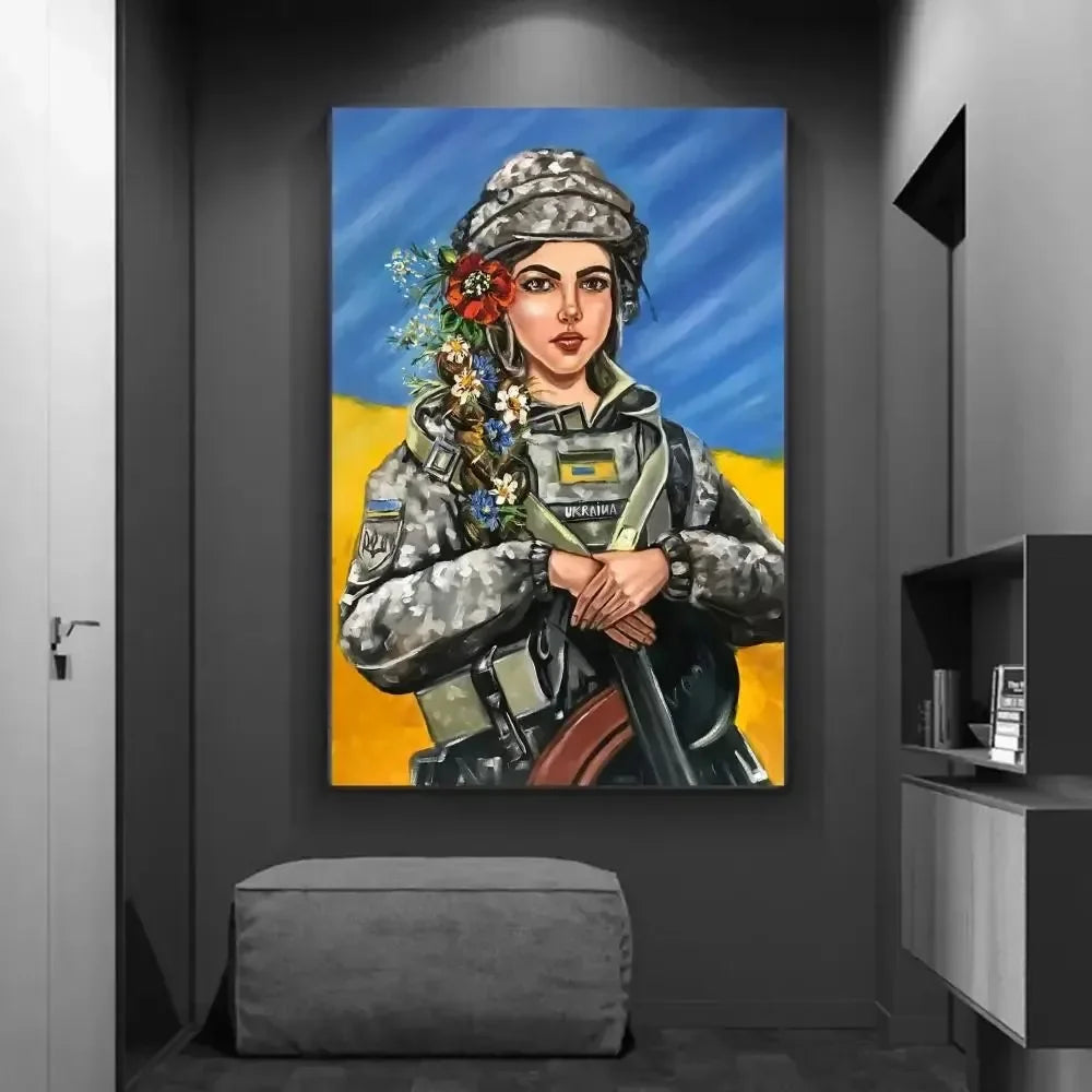 Ukrainian Flag Woman Warrior HD Canvas Poster in Modern Room Decor