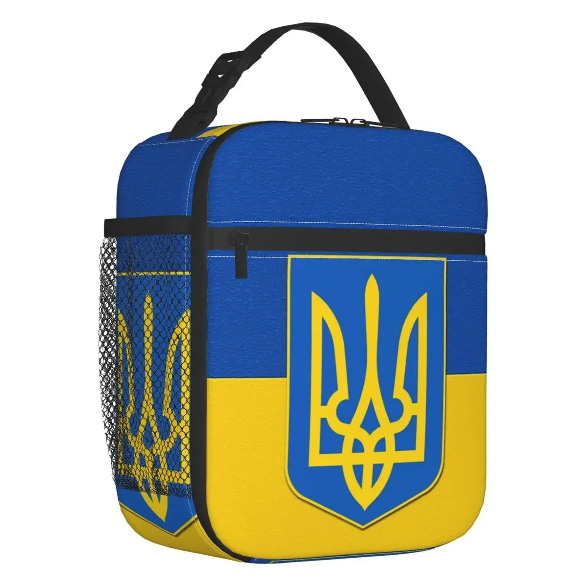 Ukrainian flag and coat of arms lunch bag with thermal insulation, patriotic blue and yellow food container for outdoor use.