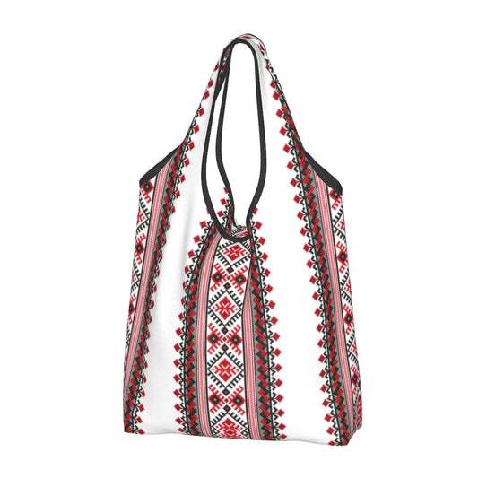 Ukraine Vyshyvanka embroidery tote bag with intricate red and black patterns, eco-friendly and spacious for shopping.