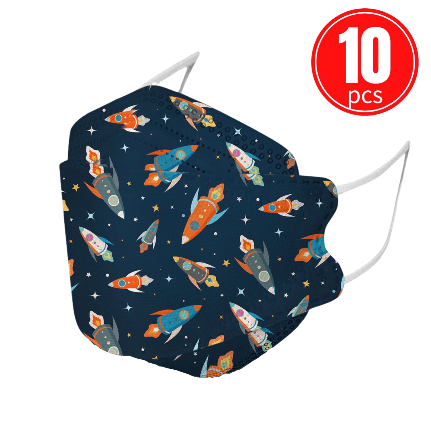 KN95 kids mask with colorful rocket ship print, pack of 10.