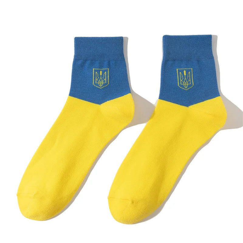 Ukrainian flag socks with vibrant blue and yellow design, showcasing national pride and comfort.