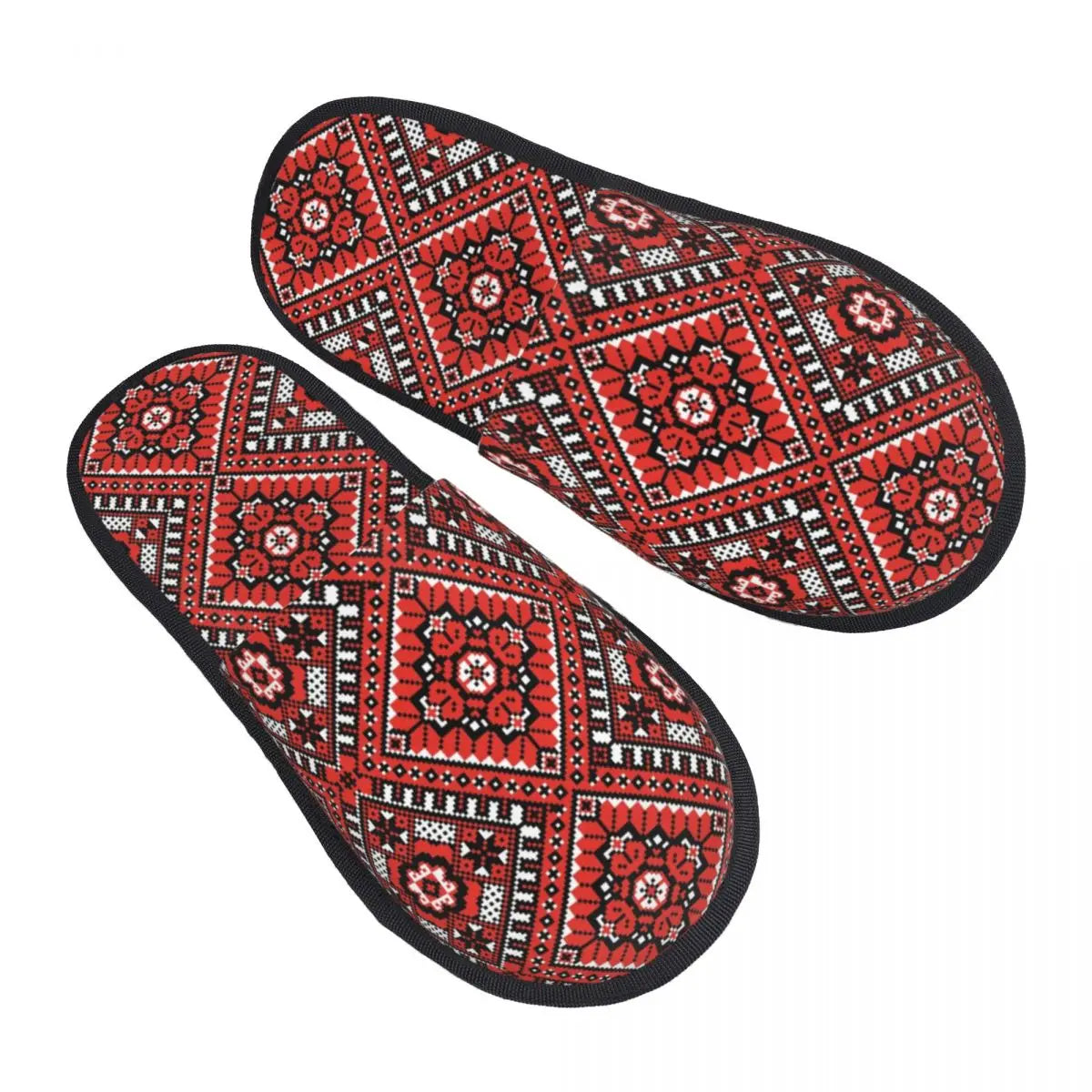 Ukrainian Embroidery Ornament Slippers with intricate red and black design, featuring soft material and non-slip soles.